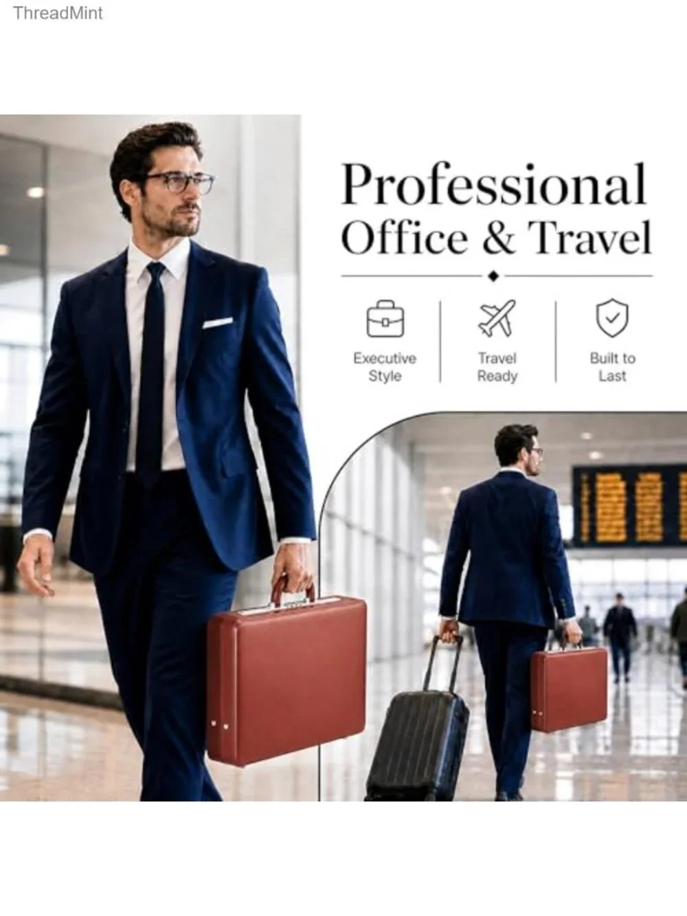 Men's Leather Briefcase with Combination Lock Hard Shell Laptop Attache